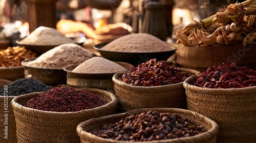 Local market spice and grain stalls warm light