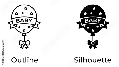 Fotografie Baby Balloon Icon: A stylized graphic illustration of a balloon adorned with stars and a banner proclaiming Baby, presented in both outline and silhouette forms