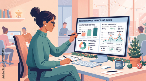Female analyst in green sweater pointing at Q4 Performance Metrics Dashboard while taking notes in festive decorated office flat vector illustration