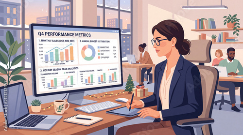 Female executive in glasses using graphic tablet in front of monitor displaying Q4 Performance Metrics dashboard in festive office flat vector illustration