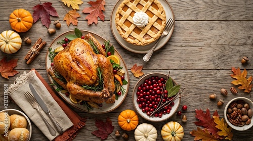 Roasted thanksgiving turkey with pie and harvest decorations on wooden table thanksgiving pumpkins