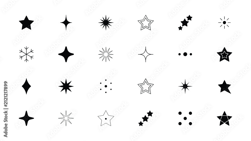 Fototapeta premium Collection of diverse star and sparkle graphic elements on a transparent background