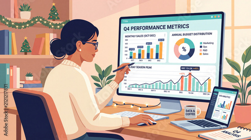 Female analyst in glasses holding pen while reviewing Q4 Performance Metrics dashboard, sales charts, and budget distribution in festive decorated office flat vector illustration