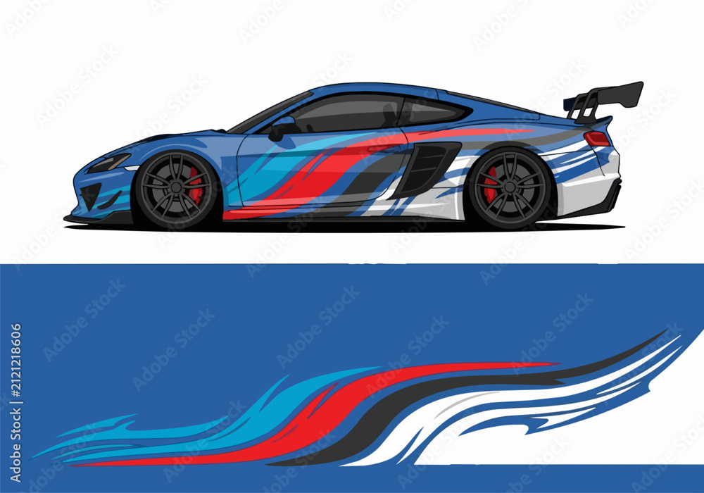 Obraz premium Blue sports car with dynamic racing stripes and spoiler