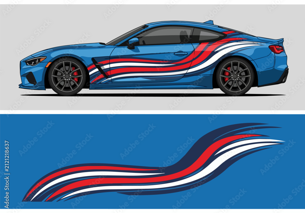 Fototapeta premium Blue sports car with dynamic red white stripes design