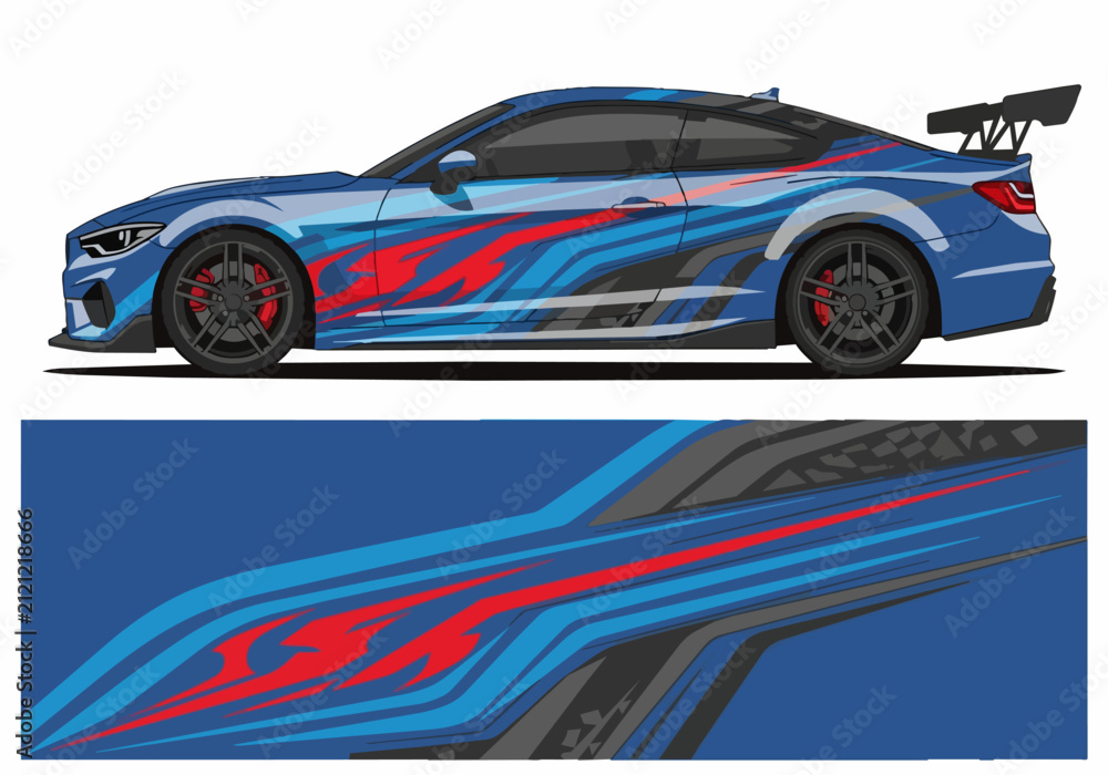 Naklejka premium Blue sports car with dynamic flame decal wrap design