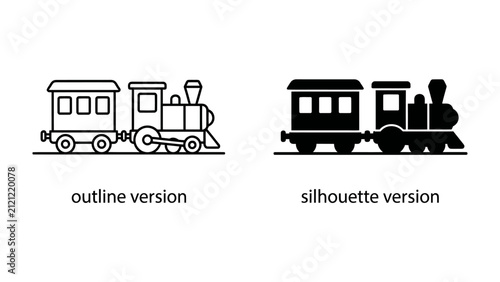 Toy Train Icons: Two stylized icons of a toy train, one presented as an outline and the other as a solid silhouette, perfect for graphic design elements and children's themes.