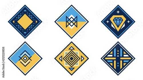 Geometric logo icon set with abstract diamond shapes and symbols.