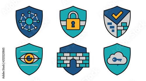 Cybersecurity Shields Icon Set. Data protection network, privacy, firewall, security vector illustrations.