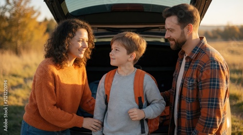 Family loading car trunk for weekend adventure, autumn road trip