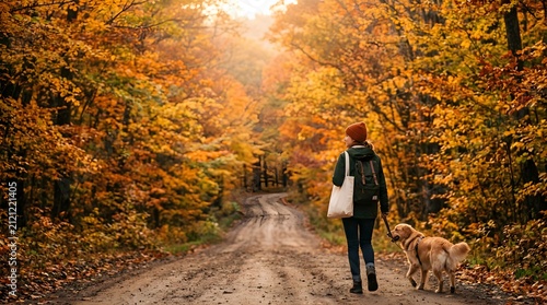 Woman walking with dog on dirt road through autumn forest at sunset