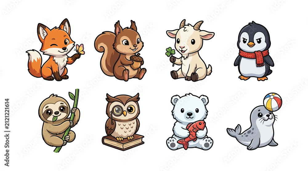 Fototapeta premium Adorable cartoon animals set with happy expressions a winking fox a squirrel with an acorn and a playful seal