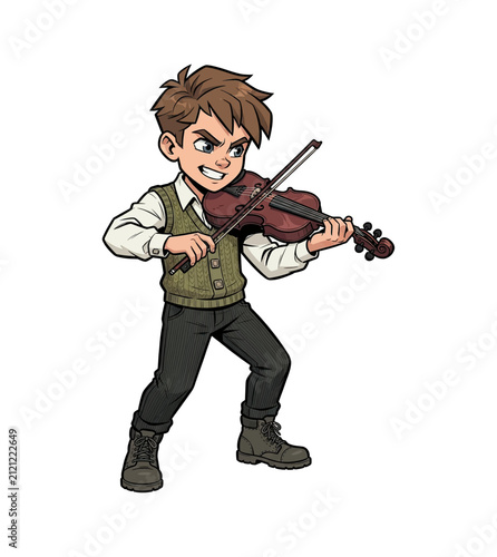Focused Caucasian Boy Playing Violin with Intense Angry Expression in a Detailed Cartoon Illustration