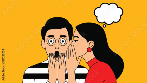 Woman shares a whispered secret with a shocked man on a bright yellow background