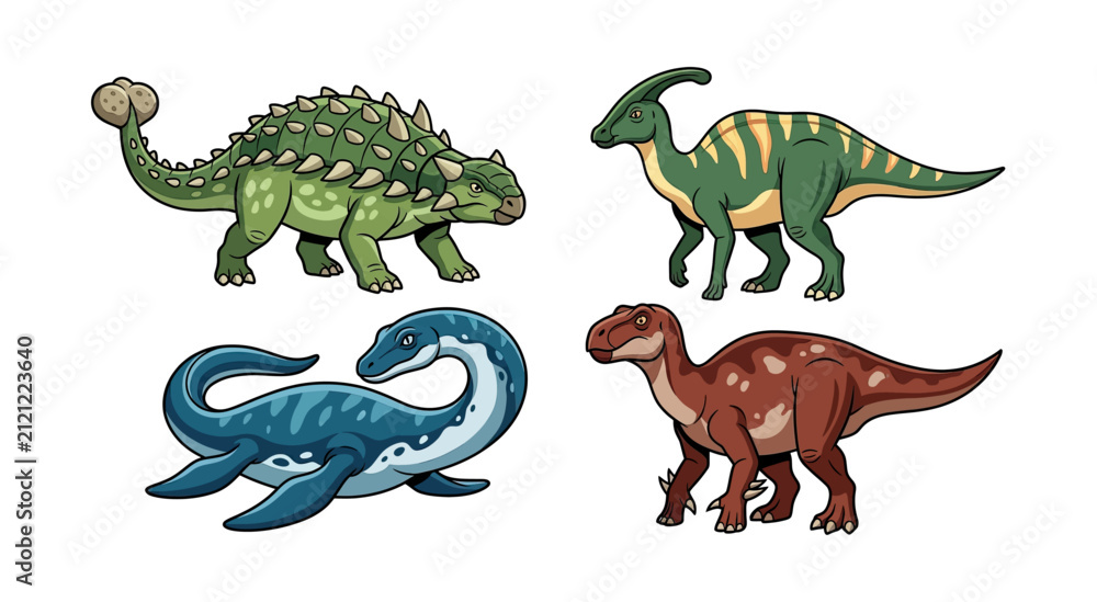 Fototapeta premium Colorful Cartoon Dinosaurs Collection Featuring Ankylosaurus Parasaurolophus Plesiosaur and Iguanodon Illustration Set