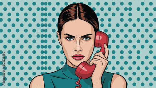 Woman with serious expression holding red telephone receiver in pop art style