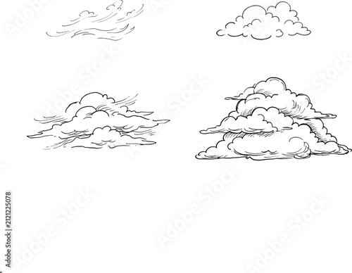 Vintage Sketch Cloud and Wind Vector Icon Set with Detailed Engraving Style Linework for Weather Forecasting Maps Sky Backgrounds and Comic Graphic Designs