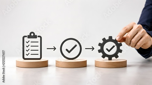 Hand placing gear checkmark completing business operational process
