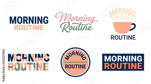 Foto This collection of images represents morning routine concepts through various stylized texts and icons that communicate calmness, productivity, and regularity