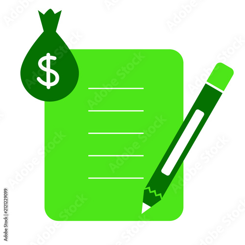 Budgeting and financial planning icon with money bag, document, and pencil.