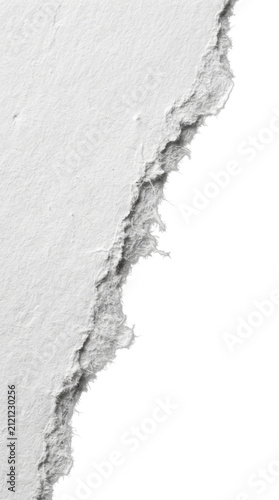 A single piece of white torn paper edge with a rough texture and a ripped shredded border  transparent background.