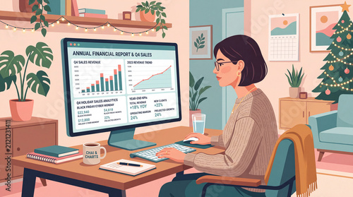Female analyst in glasses analyzing Annual Financial Report and Q4 Sales dashboard on computer in cozy festive home office flat vector illustration