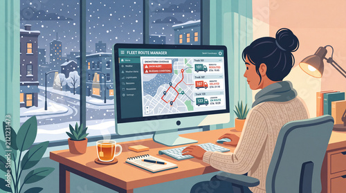 Female logistics coordinator using Fleet Route Manager software to track delivery vans and routes on computer in cozy winter office flat vector illustration