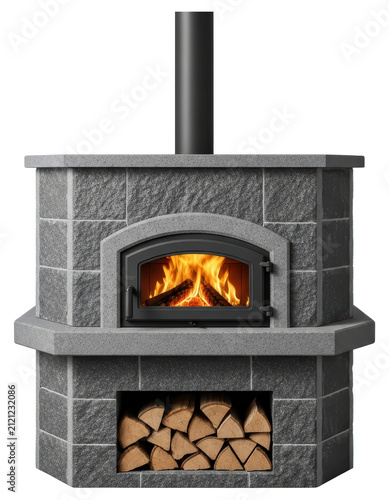 Modern grey stone masonry fireplace with burning wood transparent background