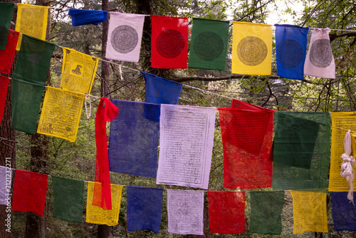 Quadro su tela Lung ta, colorful prayer flags adorned with scriptures and symbols, fluttering i