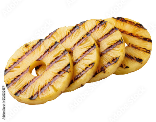 Four grilled pineapple rings with char marks with transparent background