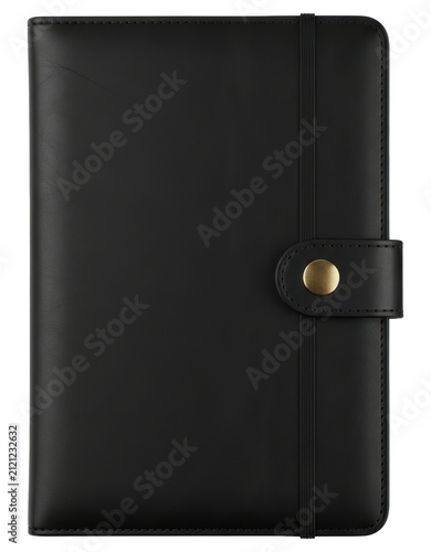 Black leather notebook with strap and button cut out on transparent background
