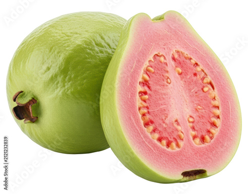Fresh whole and half pink guava fruit isolated with transparent backdrop