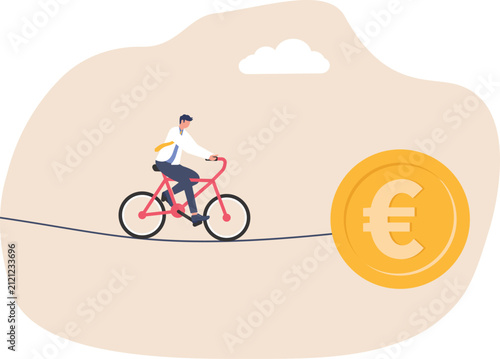 Businessman riding bicycle on tightrope toward euro coin