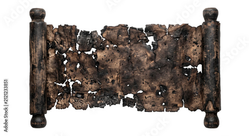 Foto Ancient burnt scroll with wooden handles on a white background