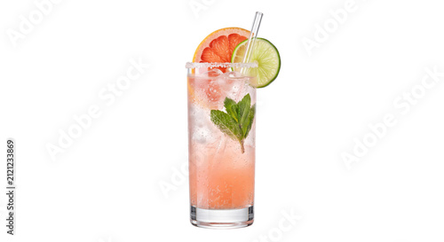 Refreshing pink grapefruit and lime cocktail with mint and ice