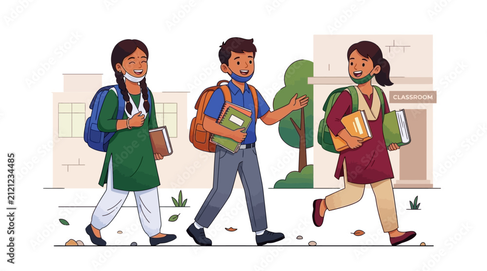 Fototapeta premium Indian school children walking with books and backpacks wearing masks
