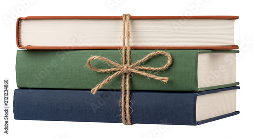 Cuadro en lienzo Stack of three hardcover books tied together with rustic twine and a bow