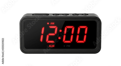 Foto Modern digital alarm clock with bright red LED display showing 12:00