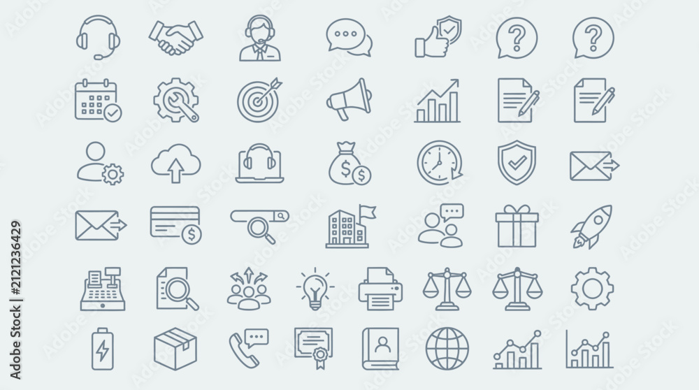 Fototapeta premium Icons representing various business operations and management tasks are arranged in a clean grid layout.