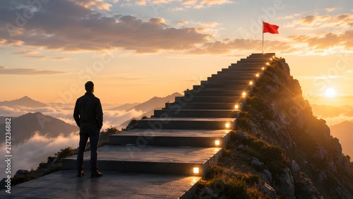 Man standing on mountain stairs leading up to red flag goal.