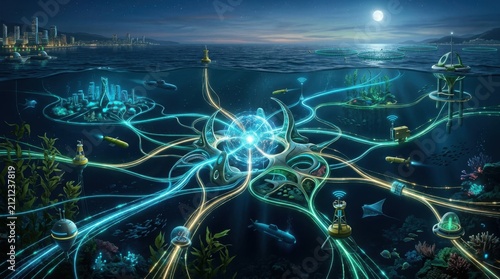 Neon Underwater Energy Hub with Glowing Cables and Ring Platforms