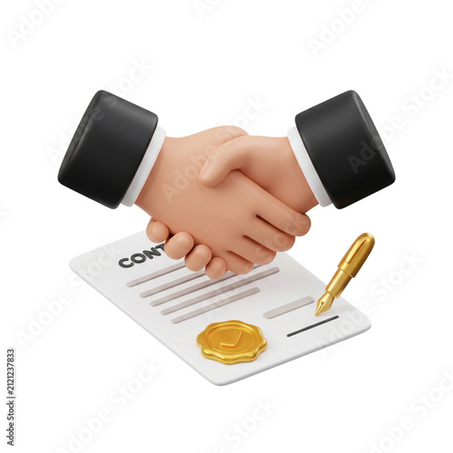 3D rendered business handshake over contract document with golden pen and seal for corporate partnership and successful deal icon isolated on transparent background.