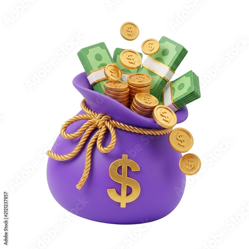 3D rendered purple money bag overflowing with green cash and gold coins for premium wealth and massive ROI concept isolated on transparent background.