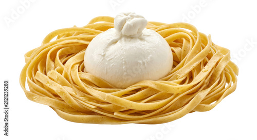 Obraz na płótnie Fresh burrata cheese nestled in a nest of golden fettuccine pasta