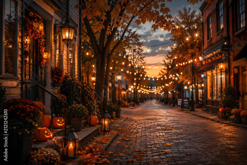 Charming Halloween Old Town Street at Sunset