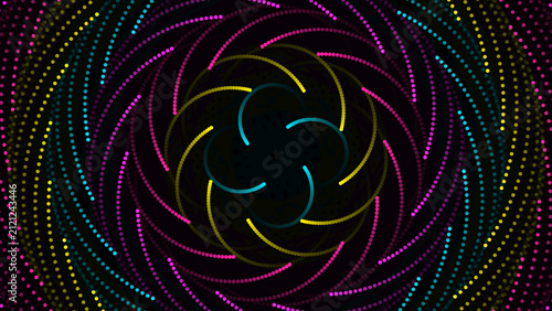 Bild auf Leinwand Dotted spirals rotate in a circular kaleidoscopic motion against a dark abstract backdrop