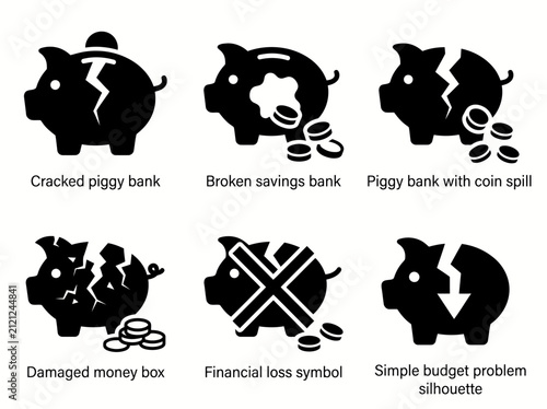 Cracked and broken piggy banks illustrating financial loss and budget issues