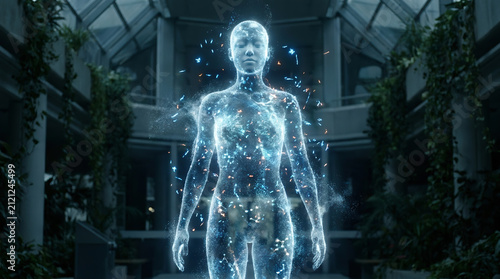 A glowing holographic human figure formed from digital particles stands inside a futuristic greenhouse, symbolizing artificial intelligence, advanced technology, and human innovation.