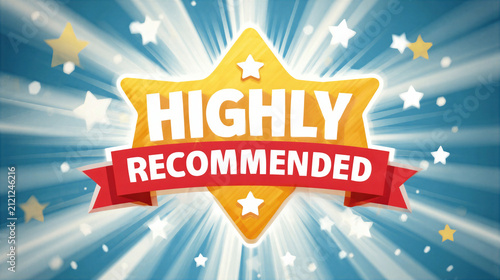Highly recommended golden star badge with red ribbon and glowing background