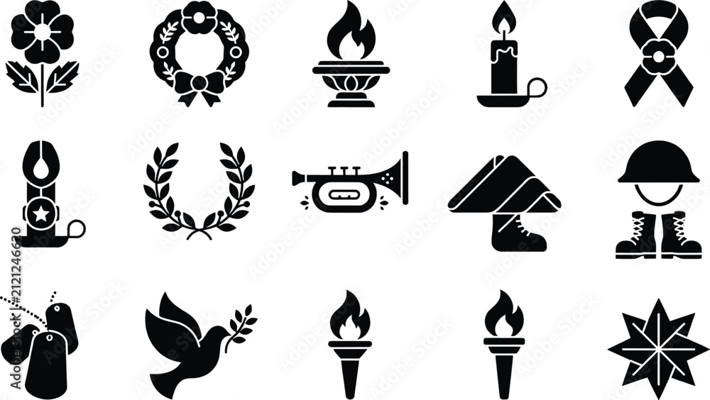 Naklejka premium Military remembrance icons collection. Memorial symbols, veteran tribute, peace dove, honor medals, patriotic emblems. Editable vector.